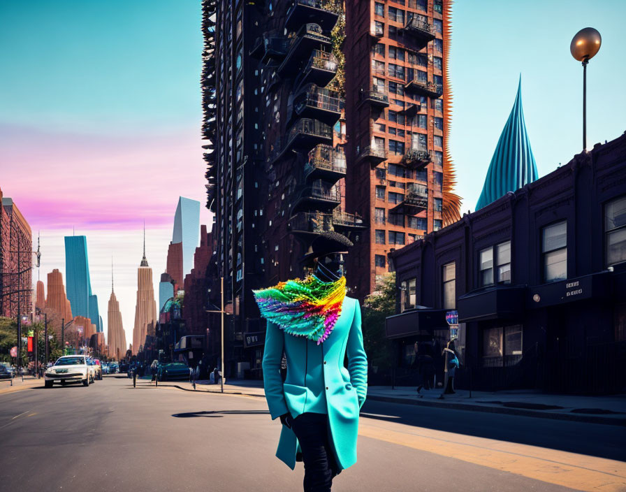 Person in Blue Coat and Multicolored Scarf Walking in Urban Area with Skyscrapers