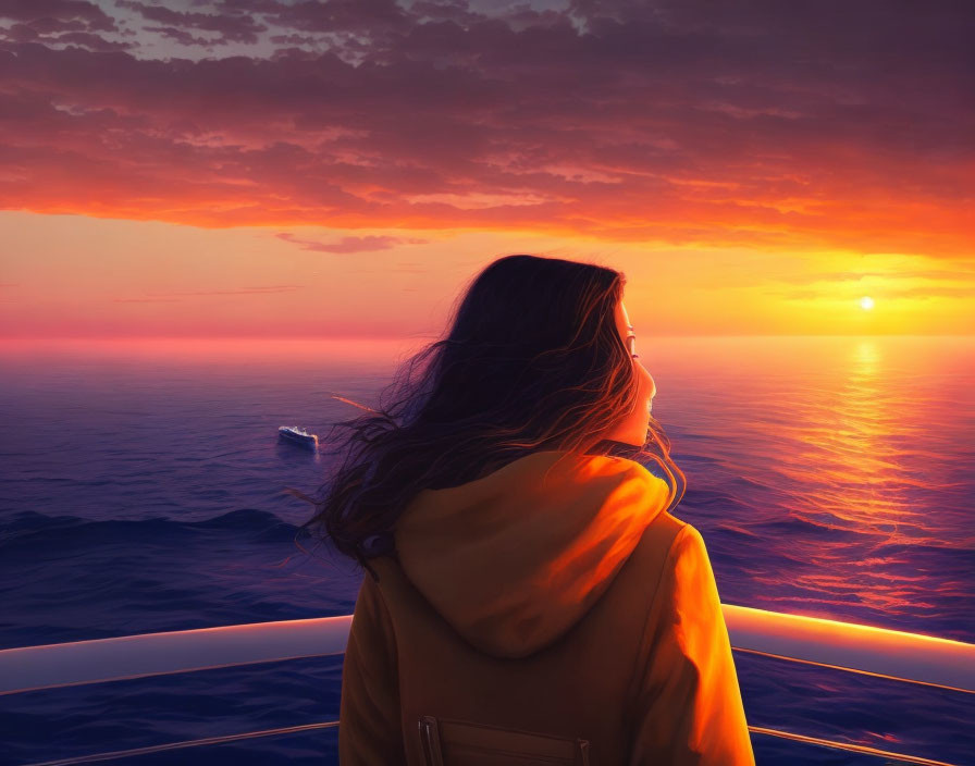 Woman in Yellow Jacket Watching Sunset on Ship's Deck