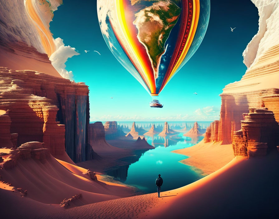 Person admires hot air balloon planet in desert landscape