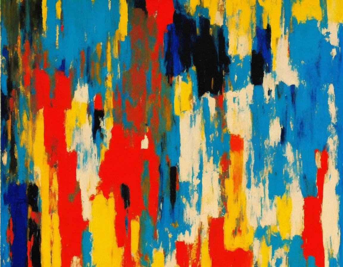 Vibrant Abstract Painting with Blue, Yellow, Red Brushstrokes