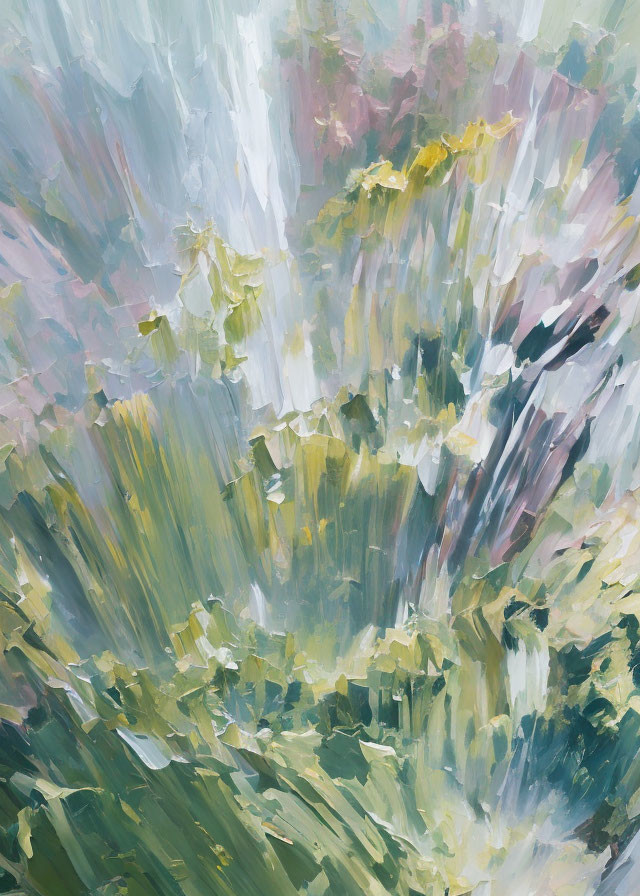 Green, White, and Yellow Abstract Brushstrokes Depicting Natural Scene