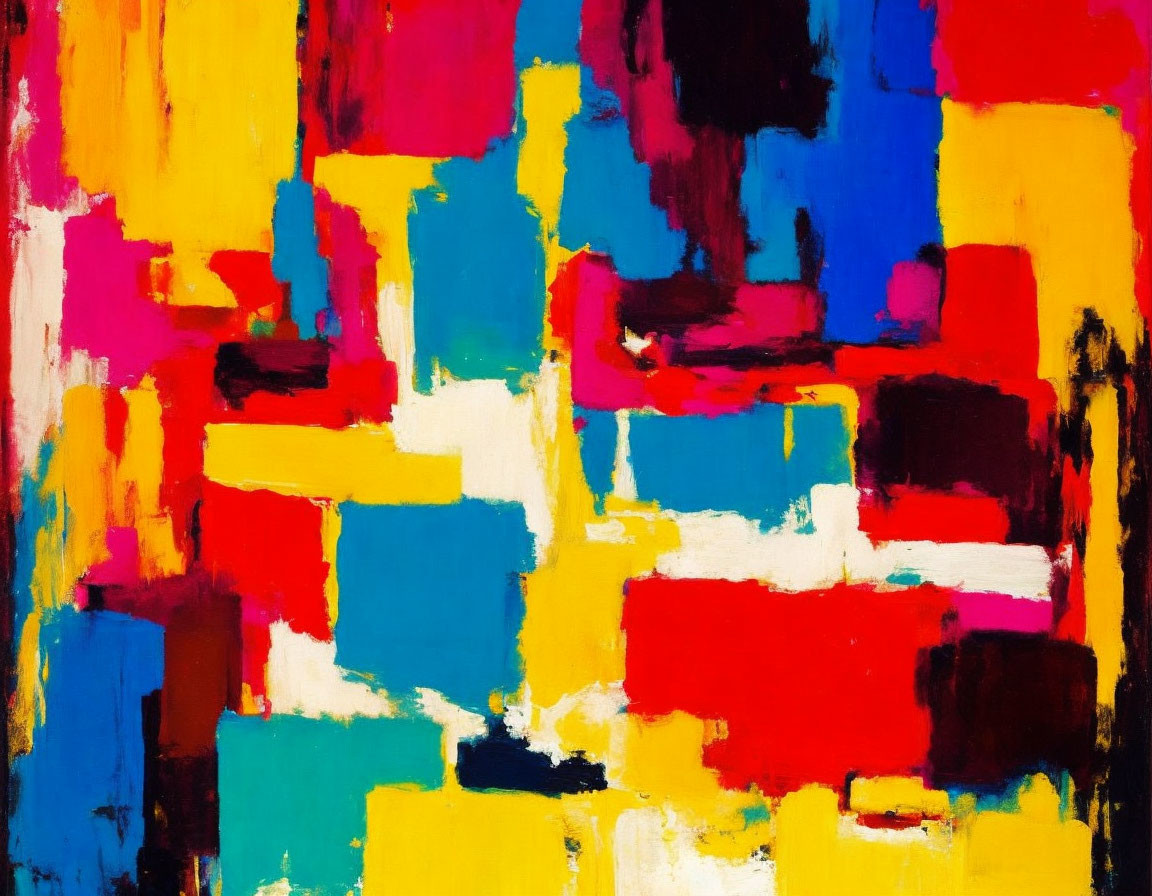 Colorful Abstract Painting with Red, Yellow, Blue, and Black Blocks