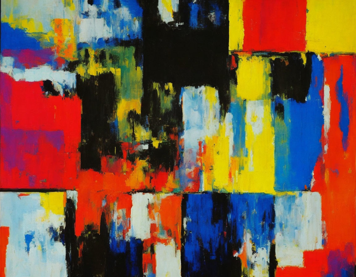 Vibrant Abstract Painting with Interlocking Rectangles in Red, Blue, Yellow, Black, and