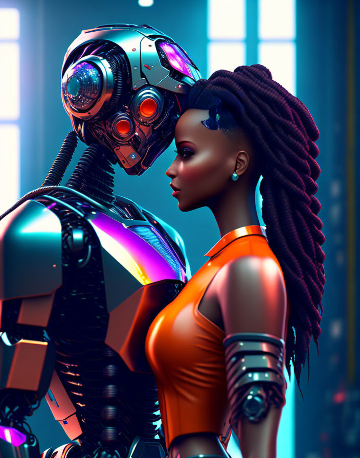 Woman with braided hair next to futuristic robot under neon lights