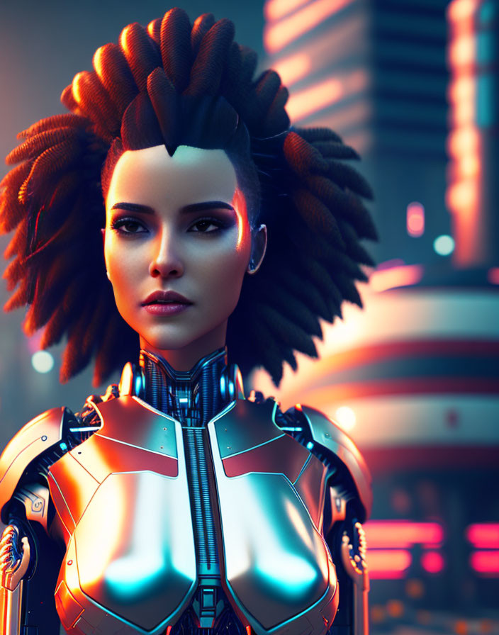Futuristic female android with mohawk in neon cityscape