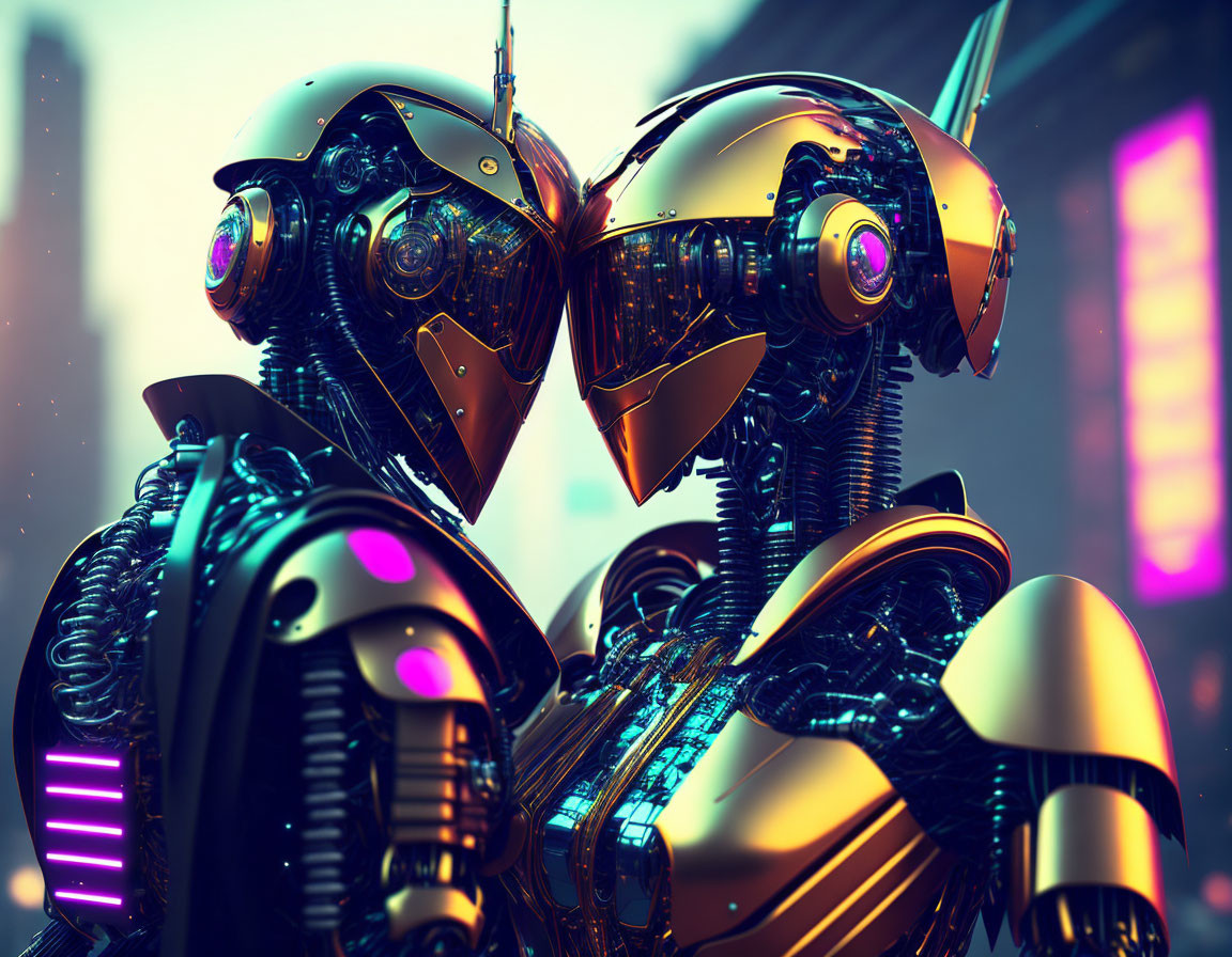 Detailed humanoid robots in close interaction under neon lights