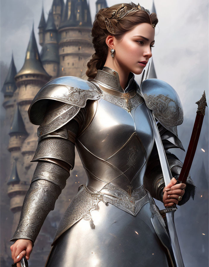 Regal woman in shining armor with crown and spear in front of castle.