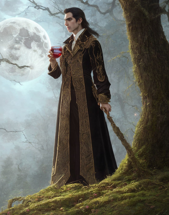 Figure in Dark Coat Contemplates Glass of Red Liquid in Misty Forest