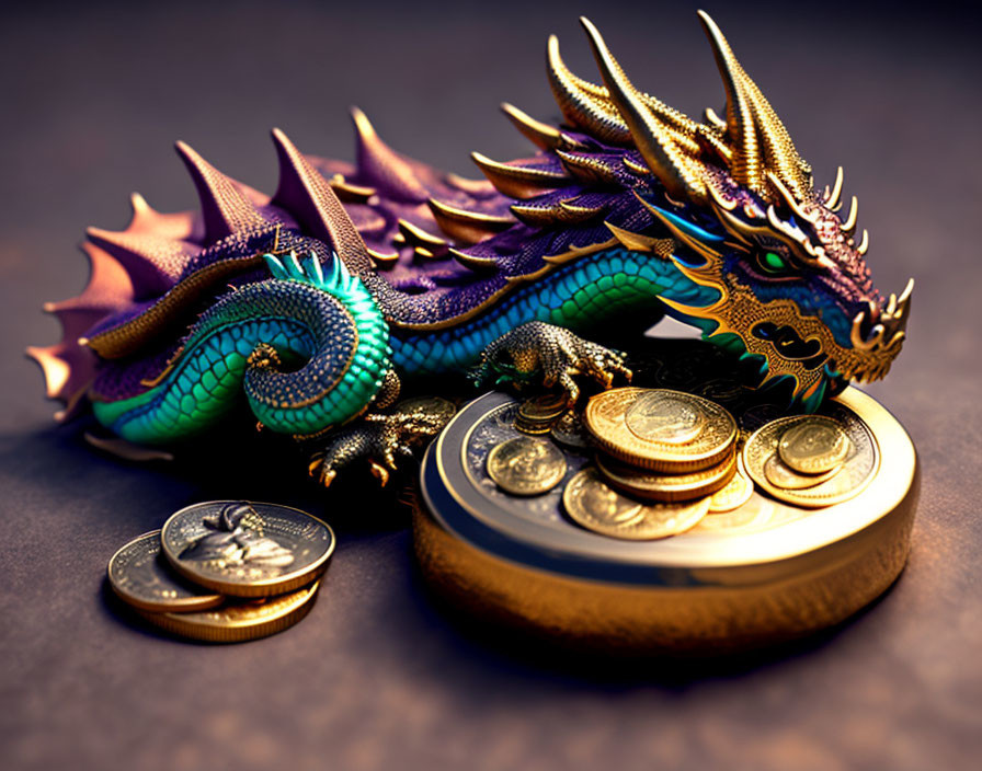 Colorful Dragon Protectively Curled Around Gold Coins