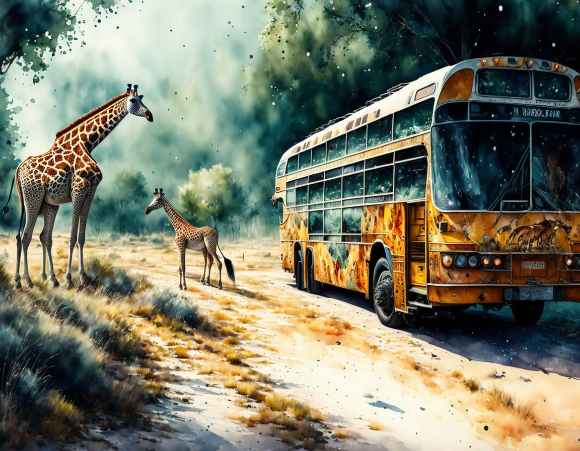 Colorful bus in savanna with giraffes and trees