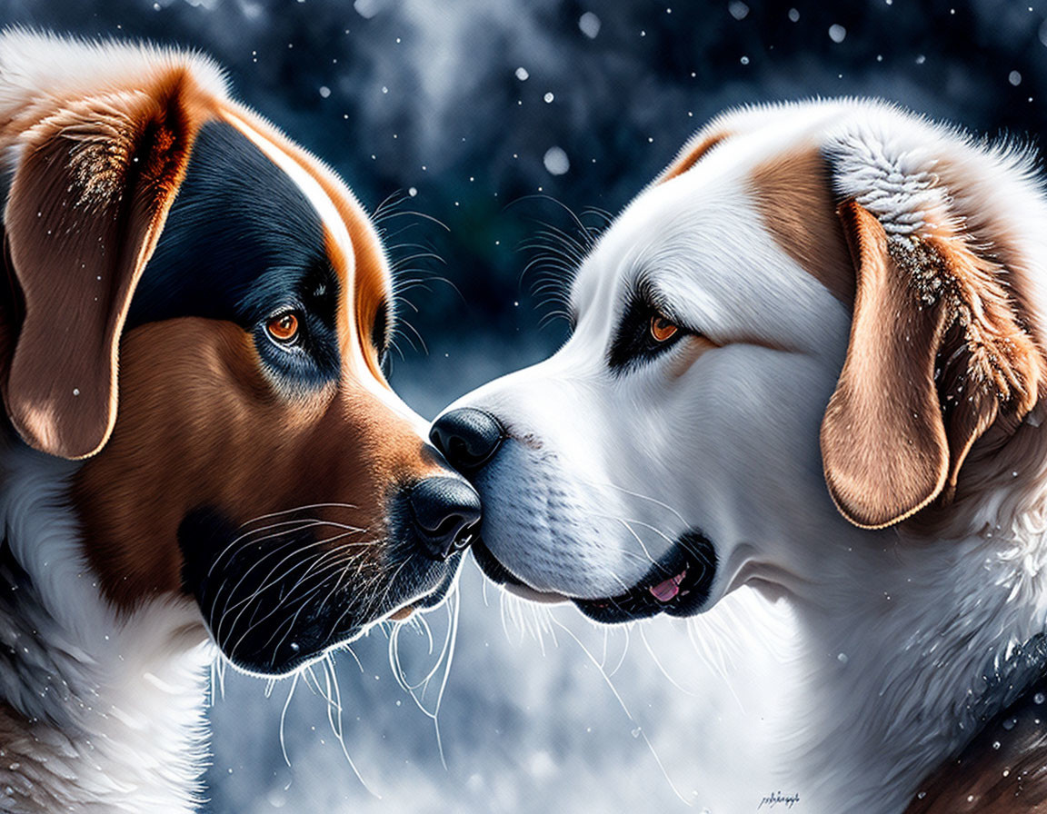 Two dogs with unique eyes in snowy encounter - black mask, brown fur & white with tan patch