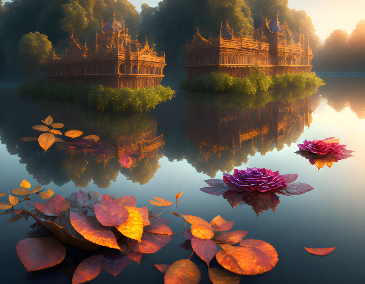 Ornate traditional buildings reflected in serene lake at sunset