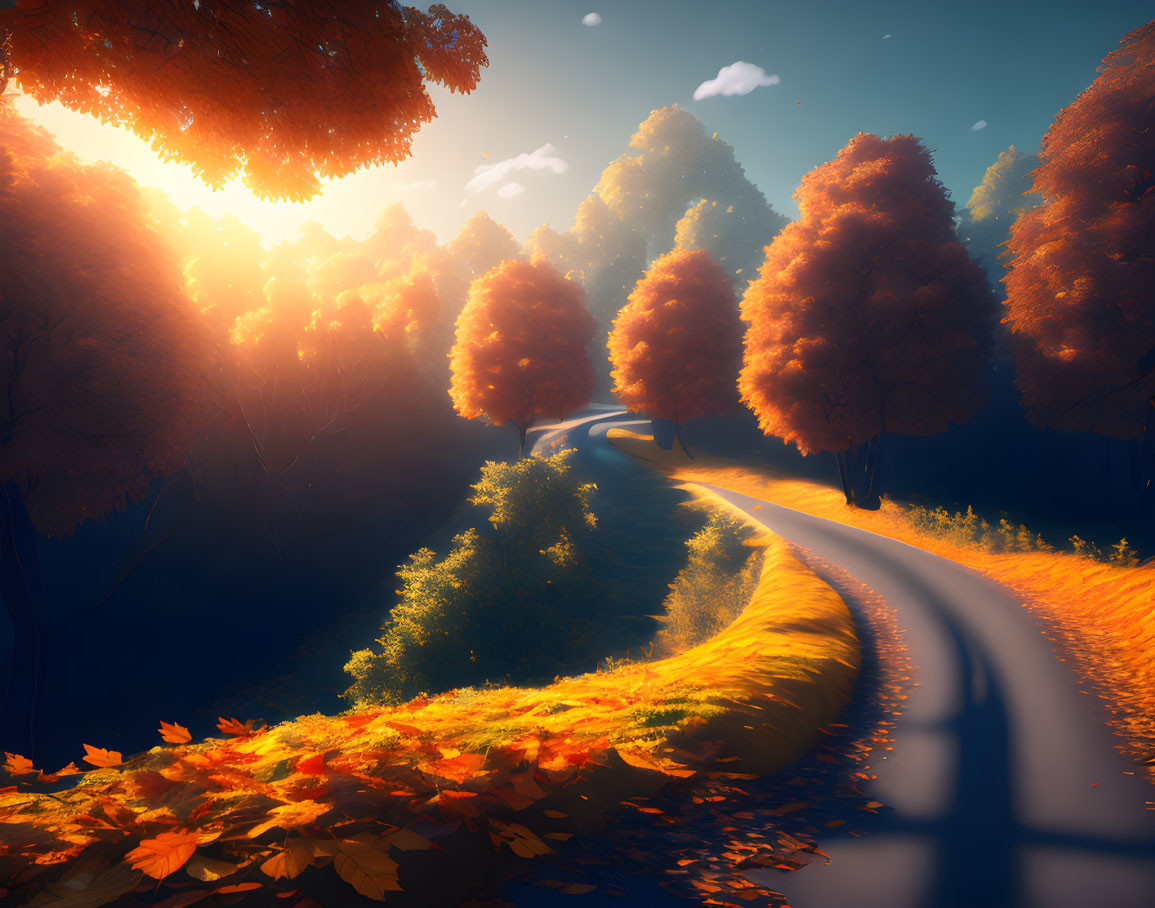 Scenic autumn forest road under warm sunset