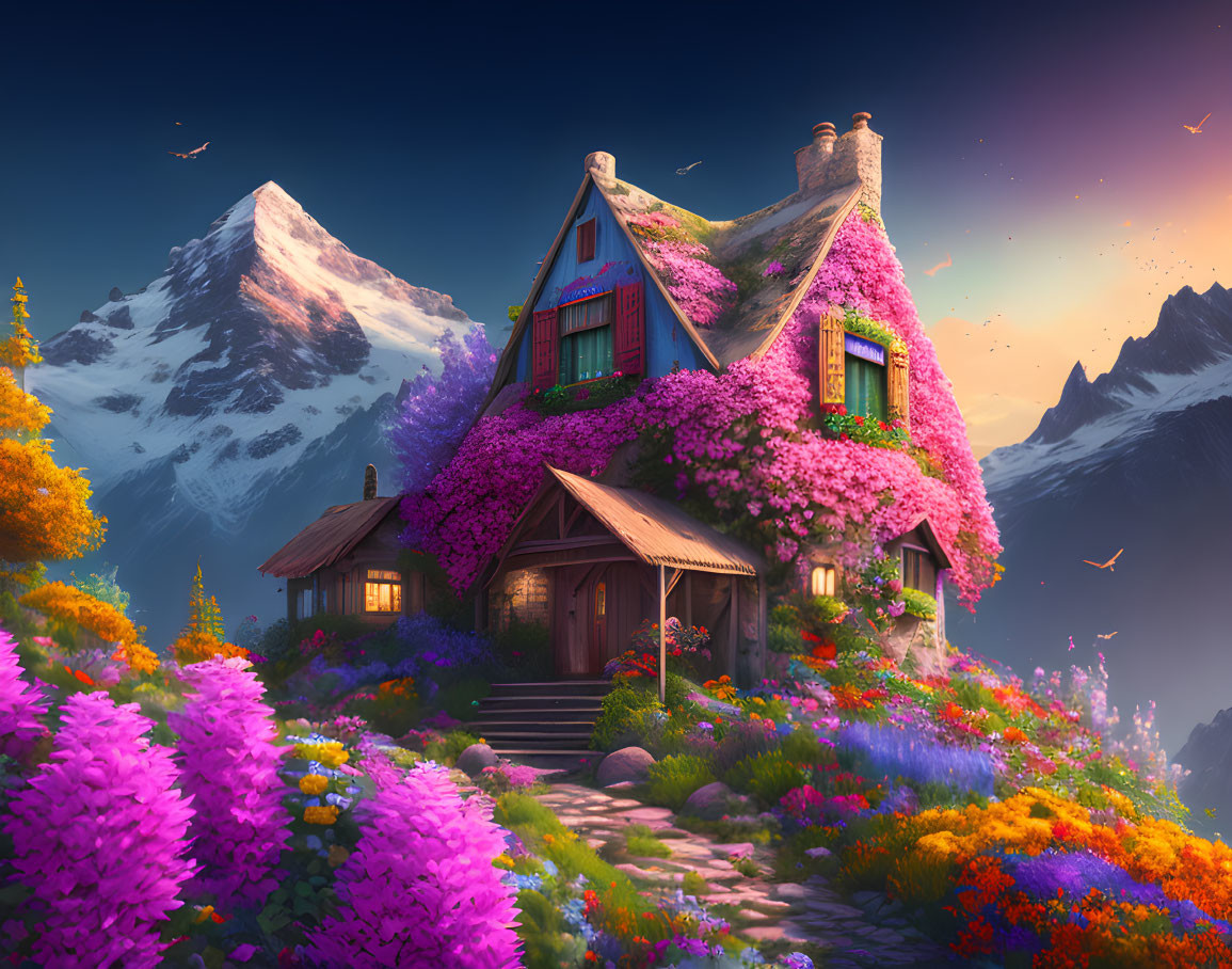 Pink Flower-Covered Cottage in Colorful Garden with Mountain Backdrop