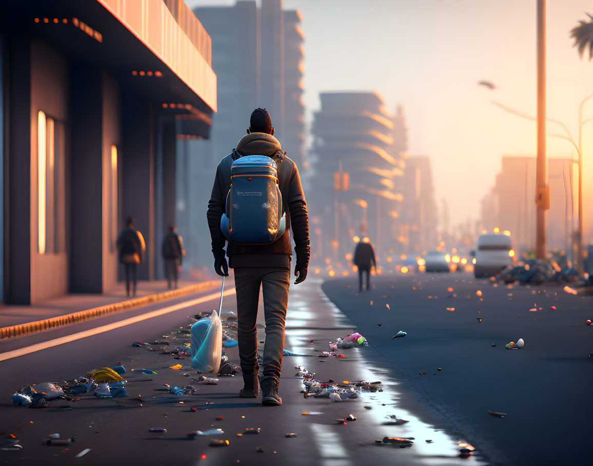 Person with backpack navigating misty urban sunrise scene