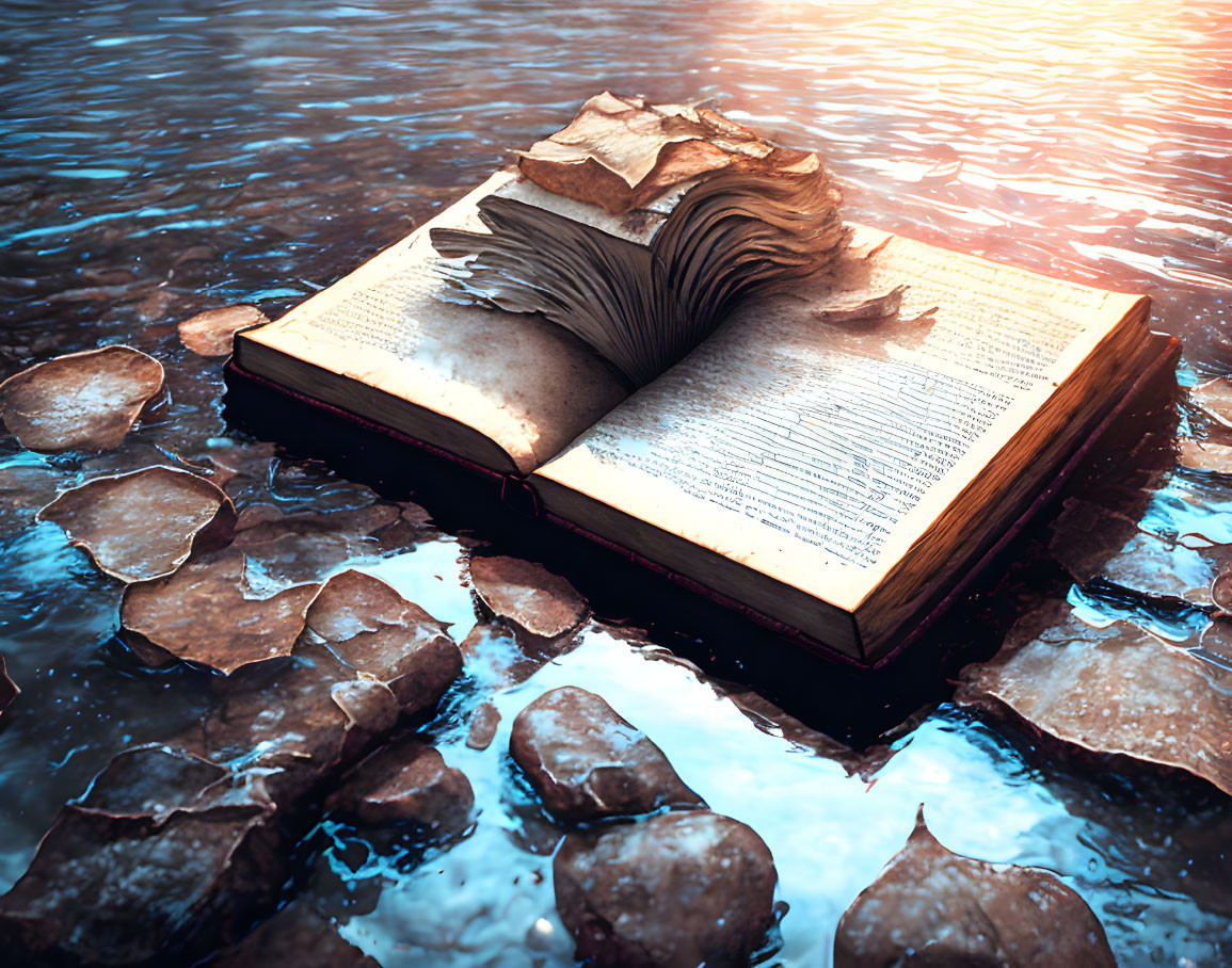 Open book with fluttering pages on rocky surface near water in warm sunlight