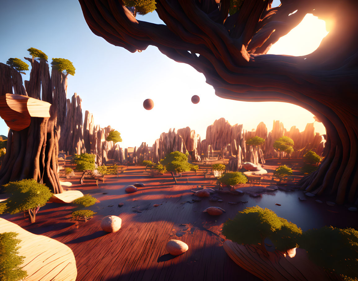 Fantastical landscape with floating islands, massive trees, and rock formations under warm sunset