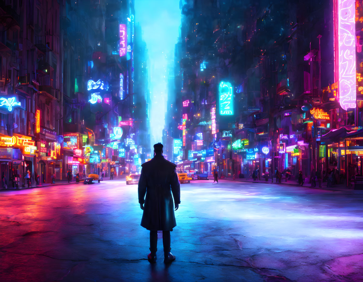 Neon-lit futuristic street with figure in vibrant colors