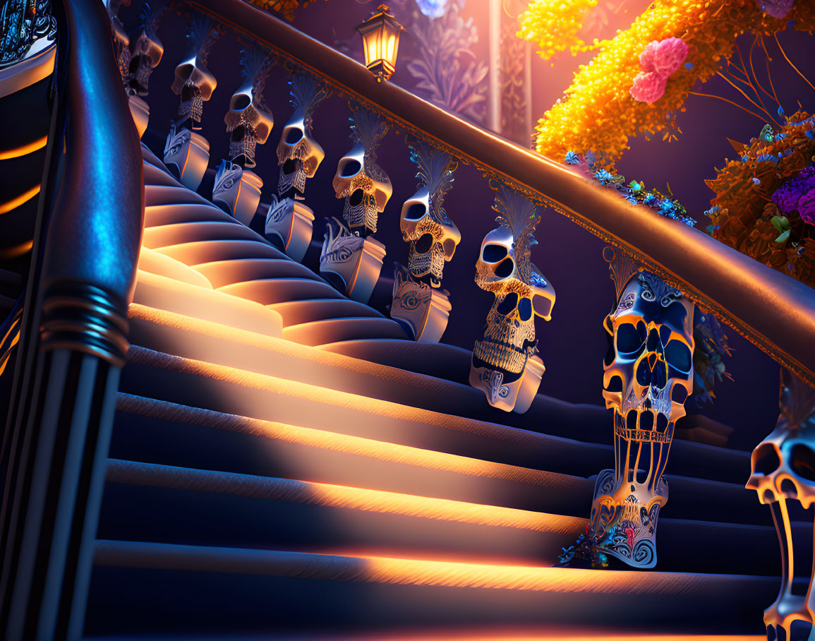 Ornate skull balustrades on staircase with flowers under twilight sky