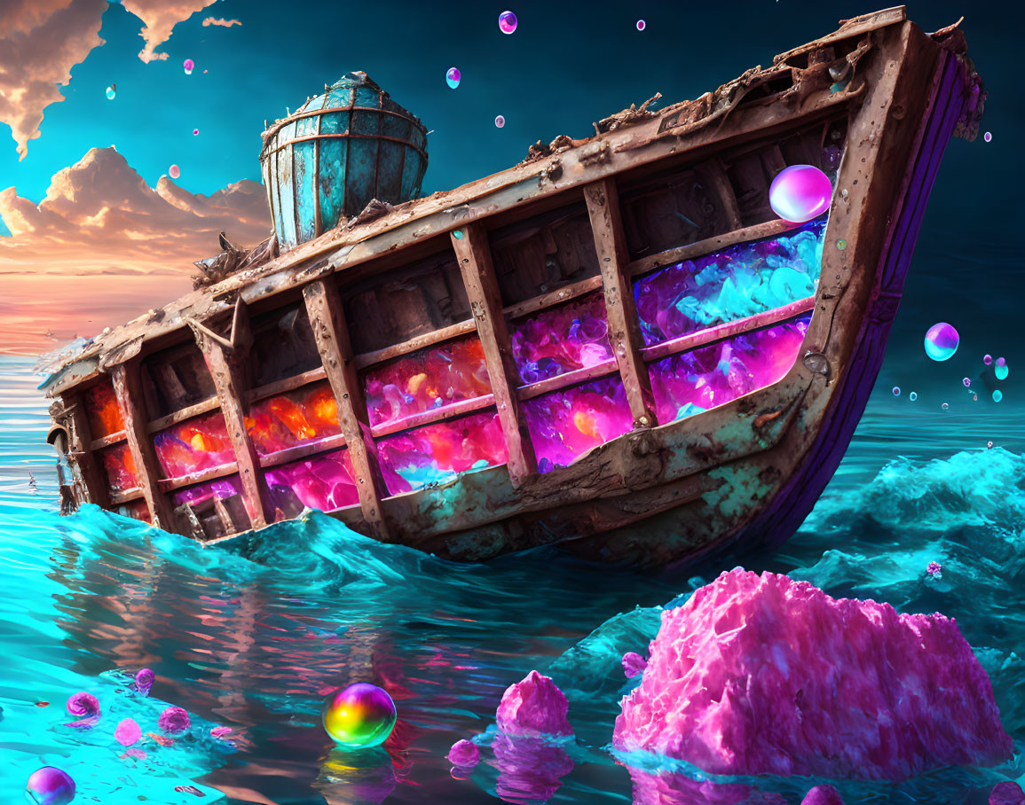 Shipwreck with glowing orbs in surreal seascape