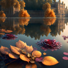 Ornate traditional buildings reflected in serene lake at sunset