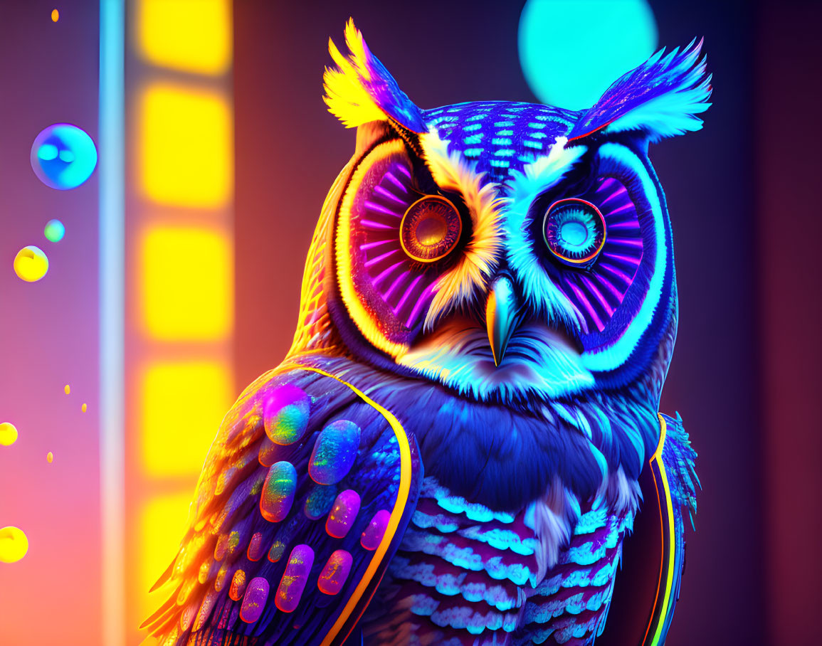 Colorful Owl Artwork with Neon Bubbles on Blurred Background