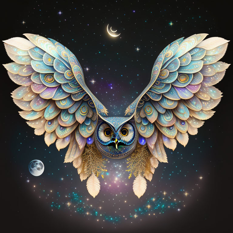 Colorful Owl with Spread Wings in Starry Night Sky