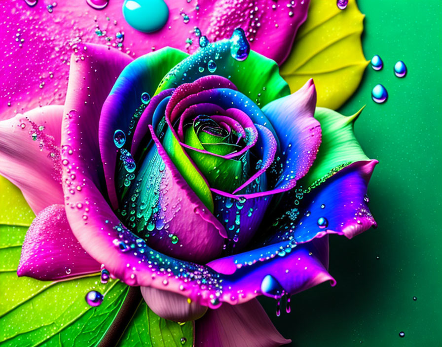 Multicolored gradient rose with water droplets