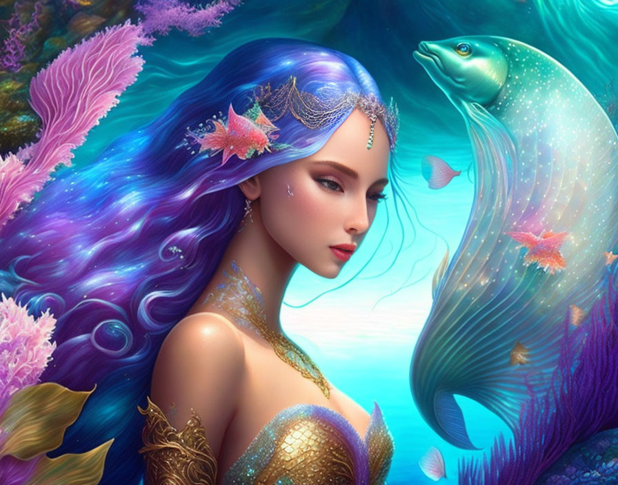 Vibrant purple-haired mermaid with gold accents and fish in underwater scene