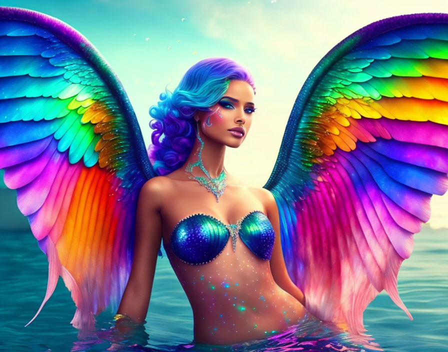 Mythical siren with rainbow wings and blue hair in serene ocean setting