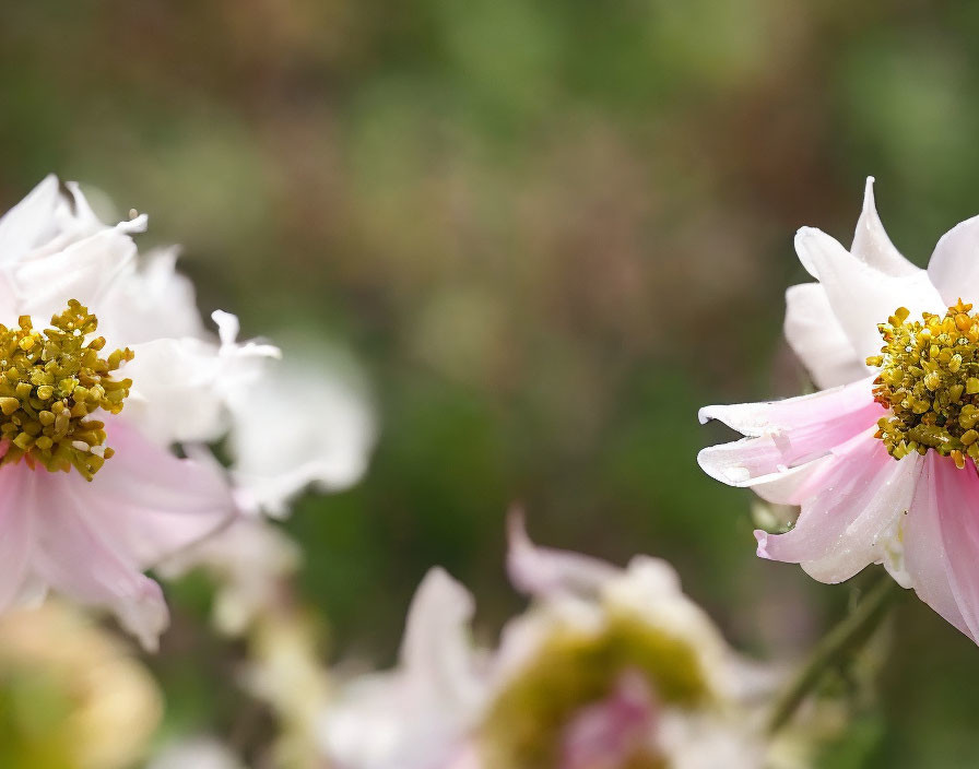 Pink and White Flowers with Yellow Centers on Blurred Green Background