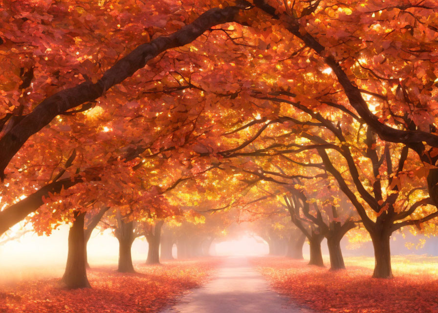 Tranquil Autumn Pathway with Orange Tree Canopy