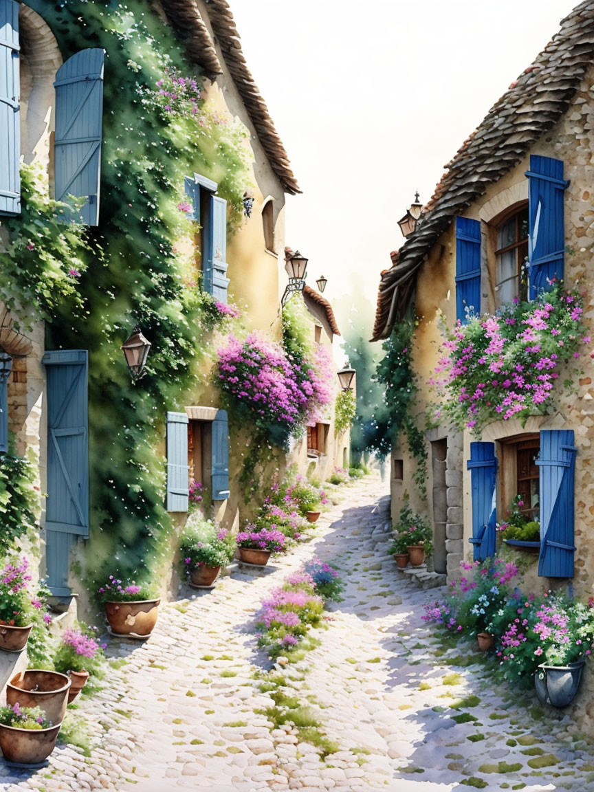 Cobblestone Street with Stone Houses and Flowers Under Blue Sky