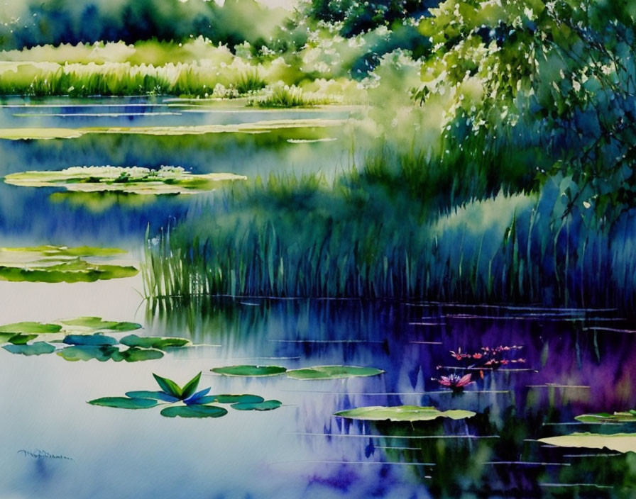 Tranquil watercolor painting of serene pond with lily pads and flowers