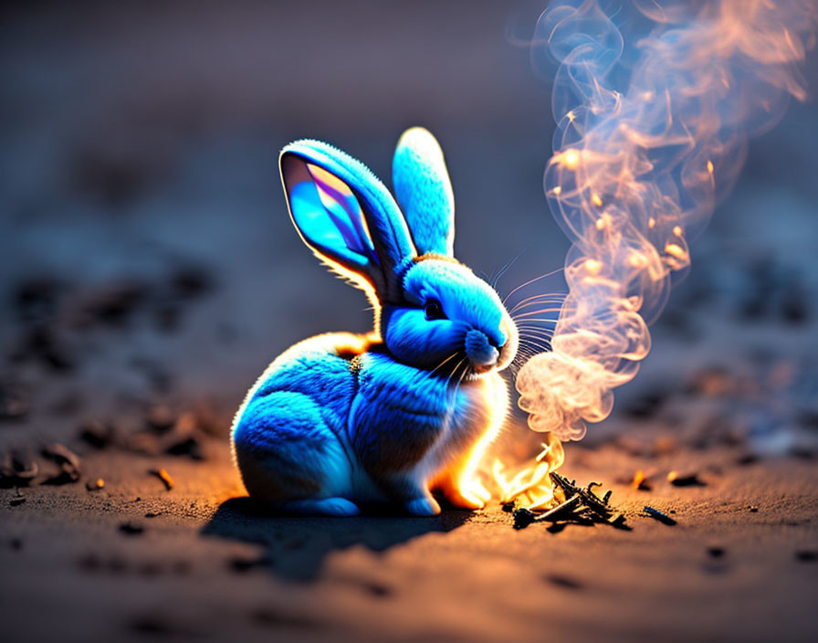 Blue rabbit beside small fire on sandy ground with wisps of smoke