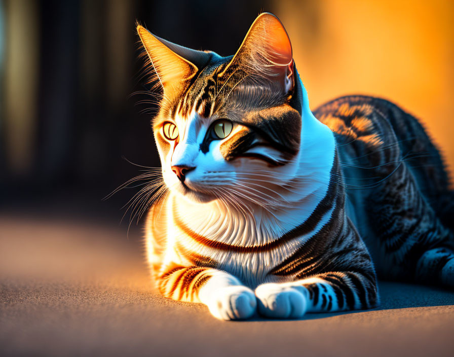 Striped domestic cat under warm golden light.