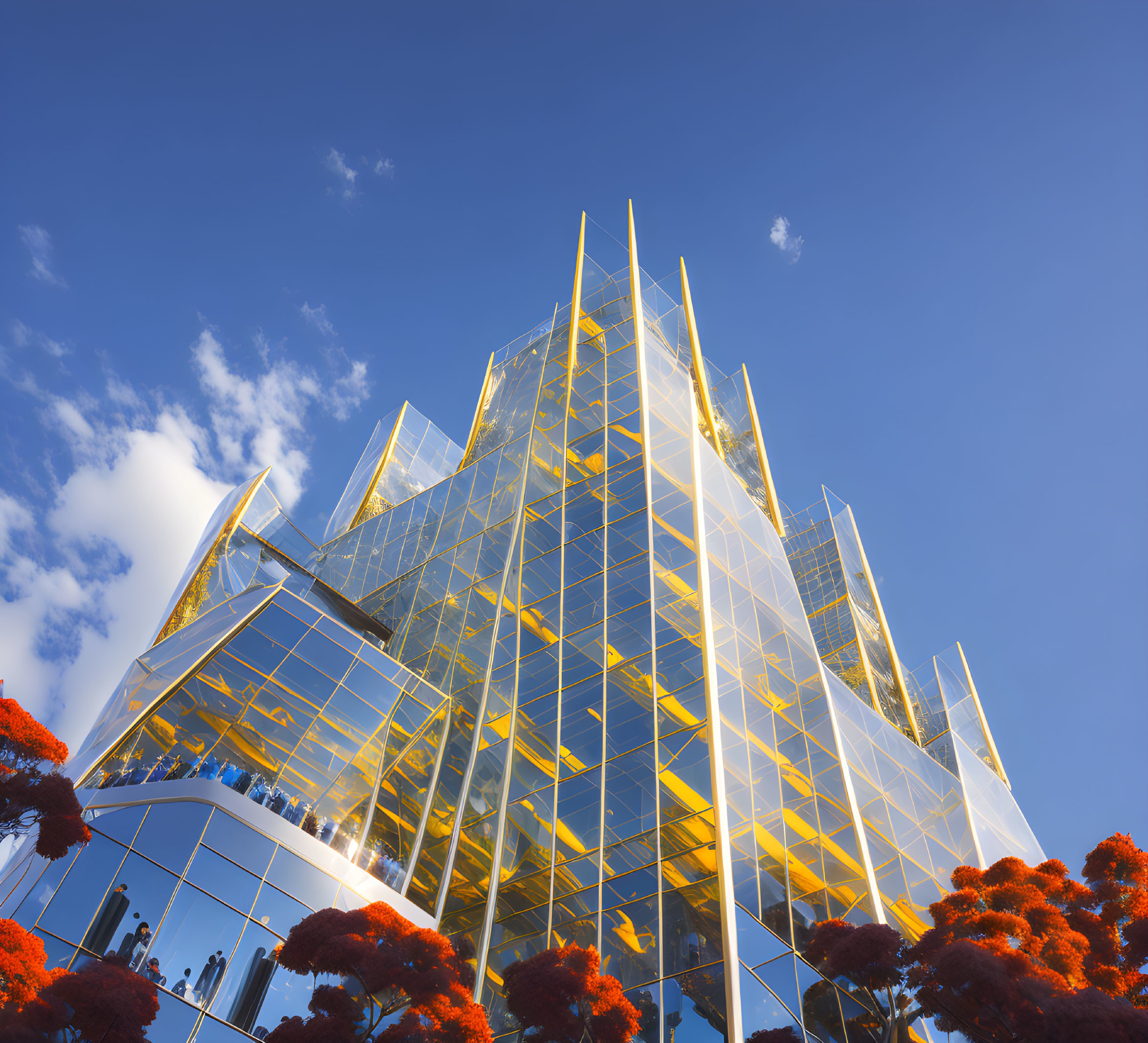 Glass skyscraper with gold reflections and autumn trees in a modern cityscape