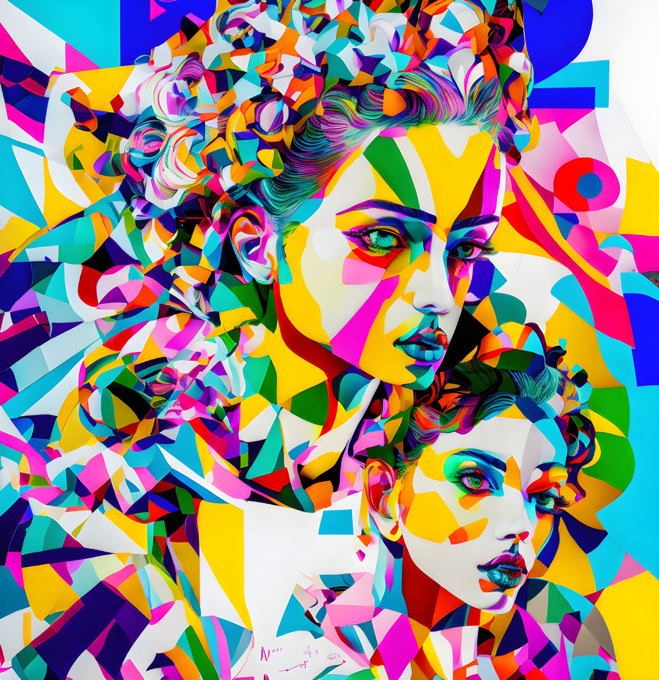 Colorful digital artwork: Two female faces with geometric shapes