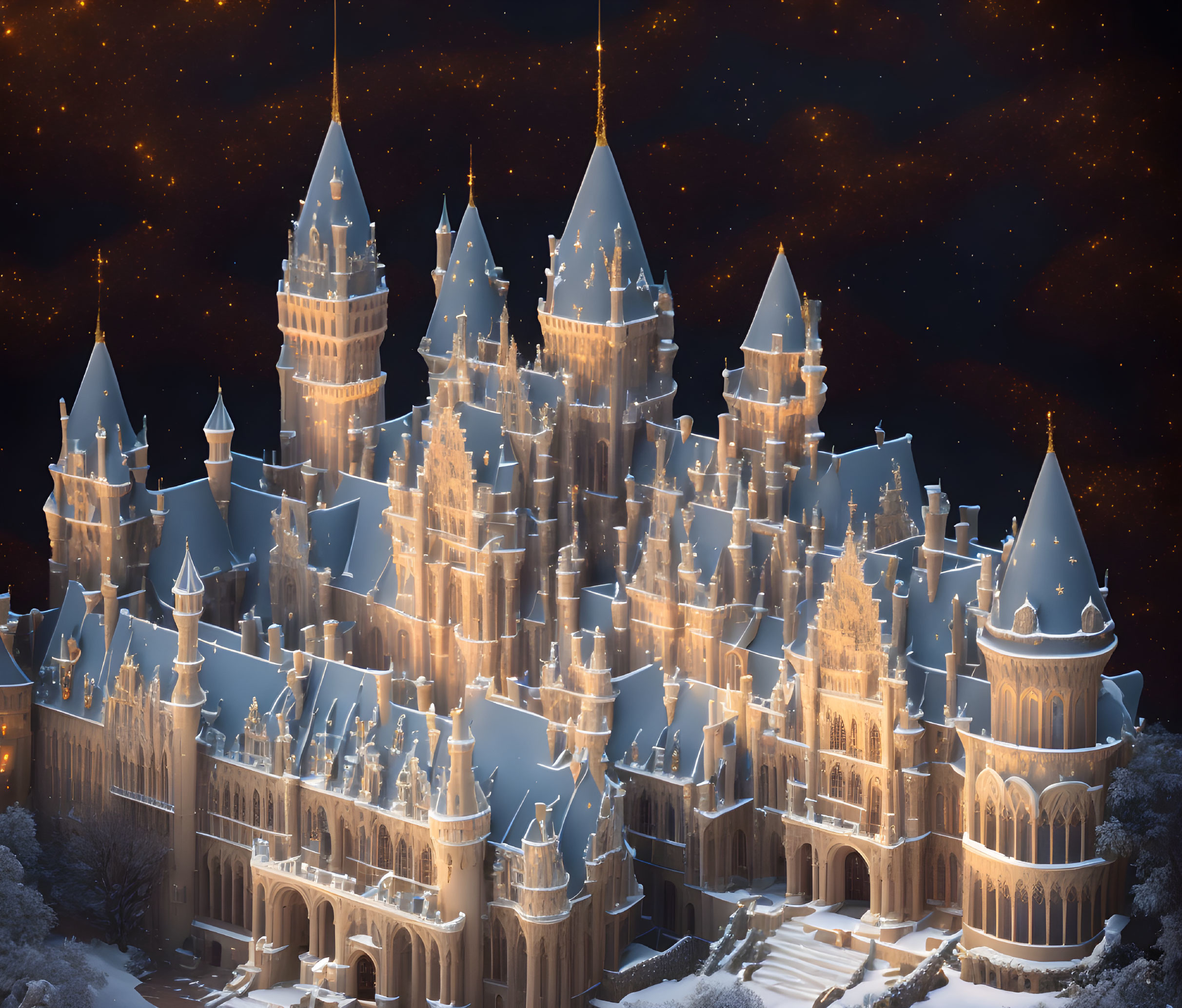 Snow-covered castle illuminated at night under starry sky