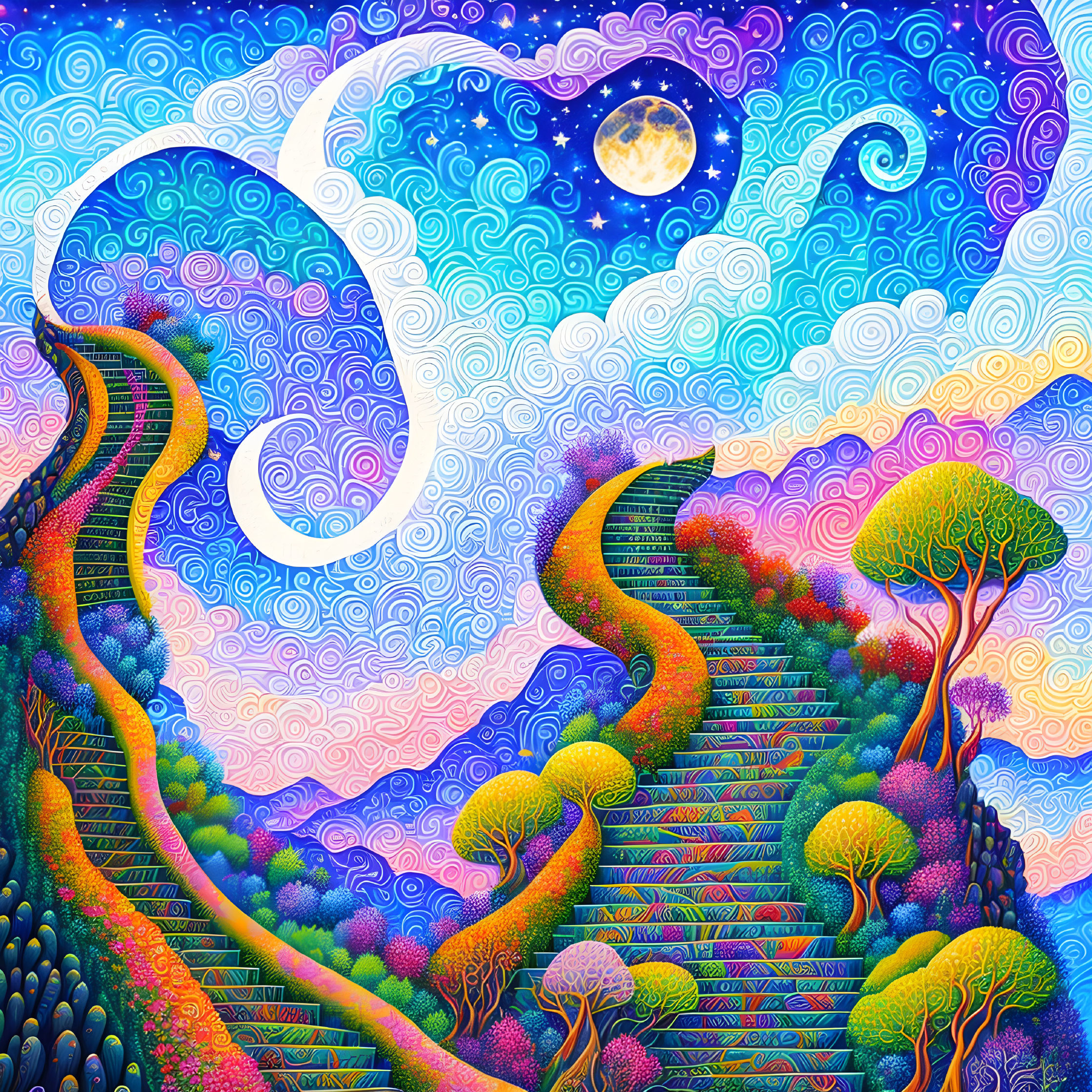 Vibrant psychedelic landscape with swirling patterns and moonlit staircases