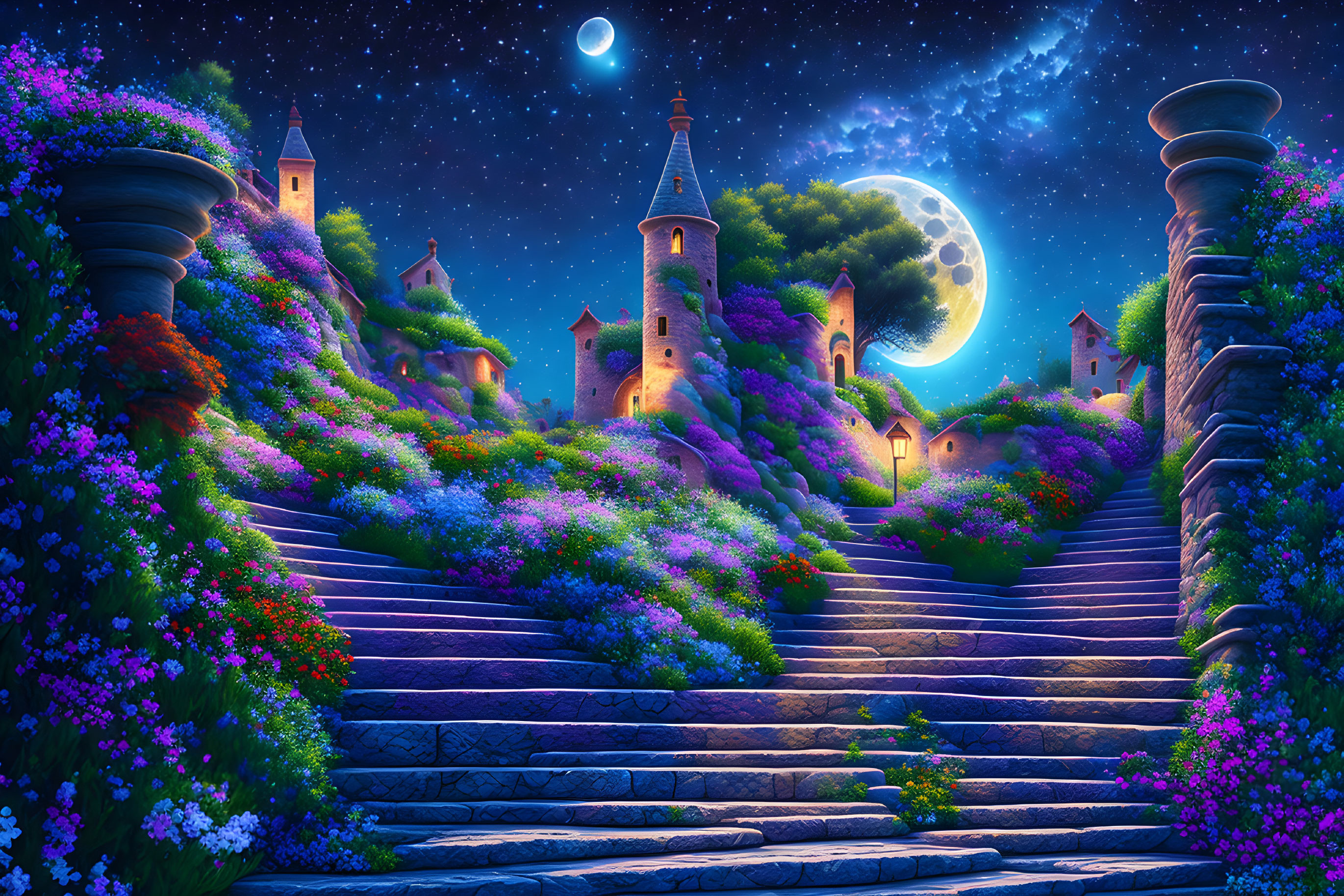 Fantasy night scene with full moon, bright flowers, cobblestone steps, quaint houses, and