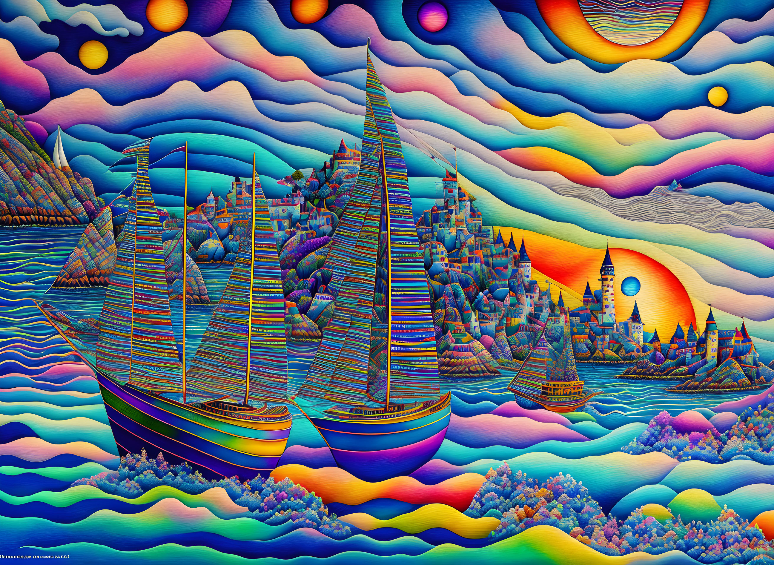 Colorful psychedelic tall ships on wavy sea with patterned hills under whimsical sky