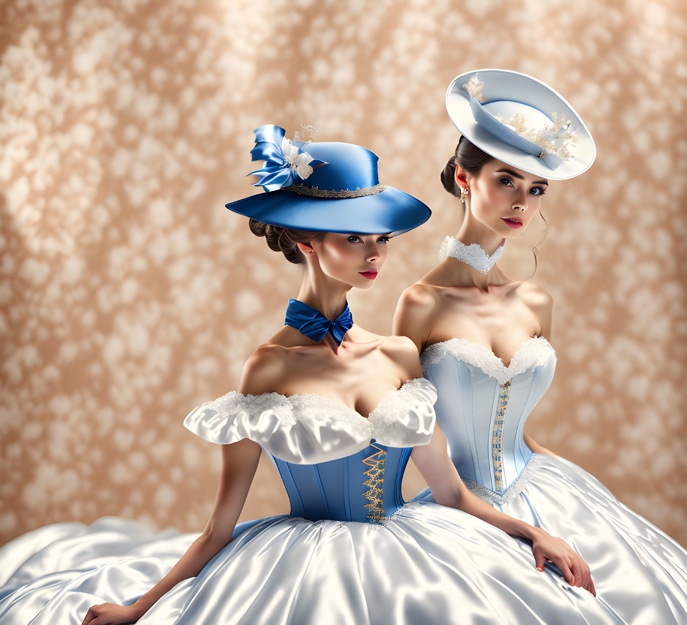 Vintage-inspired blue and white dresses on two women with elegant hats against a beige backdrop