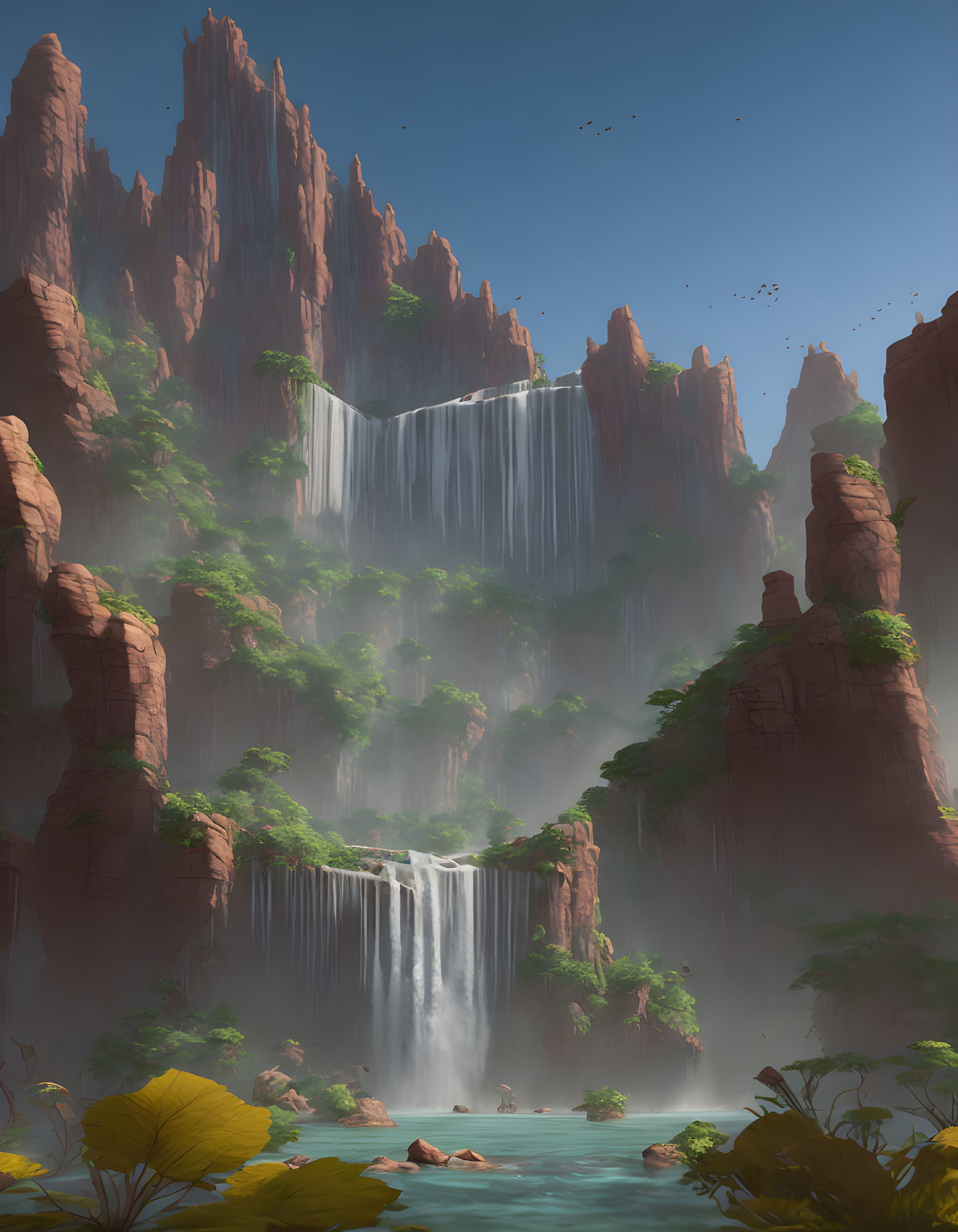 Tranquil digital painting of double waterfall in red cliffs over turquoise lagoon