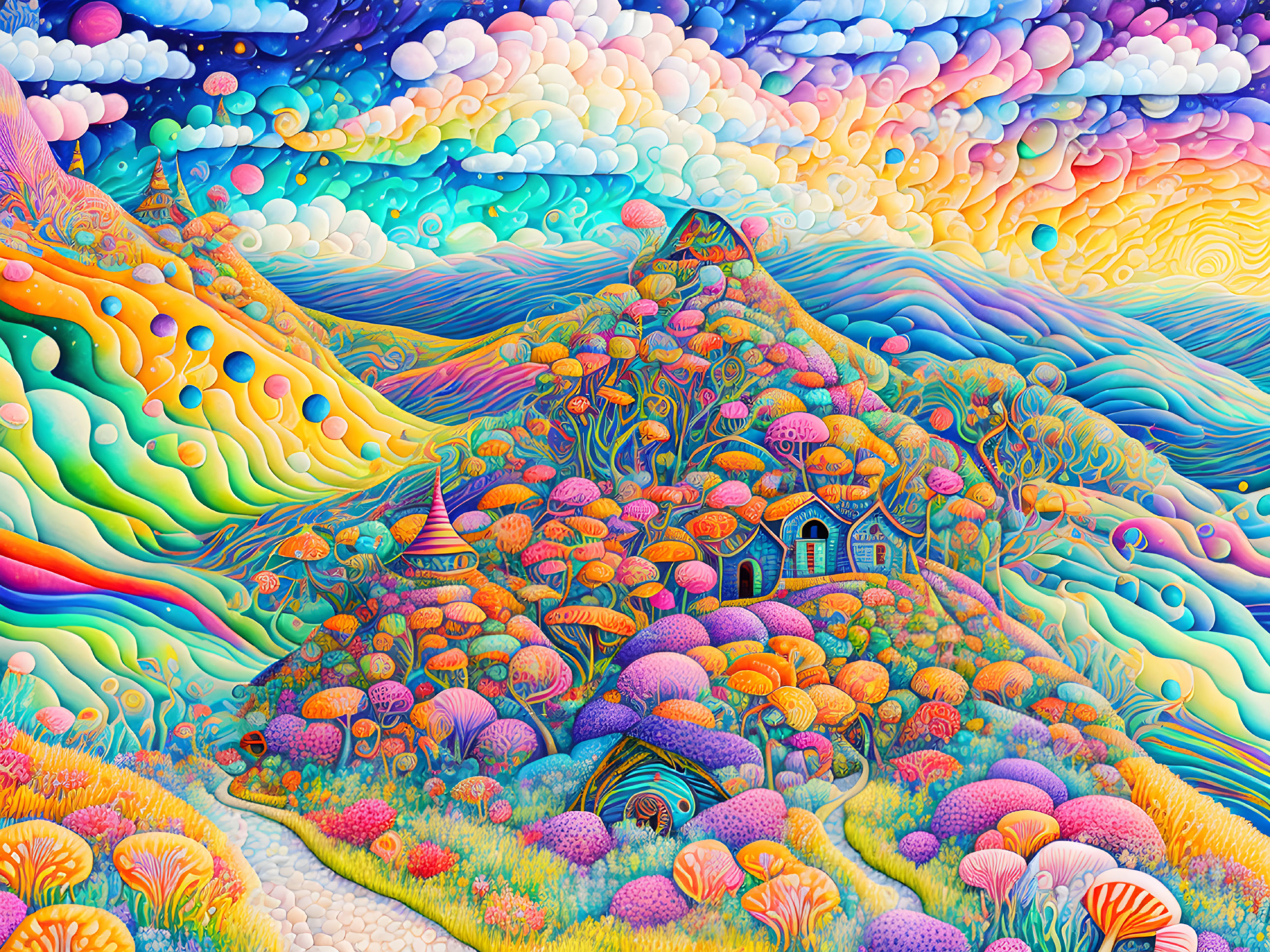 Colorful psychedelic landscape with swirling patterns and whimsical structures