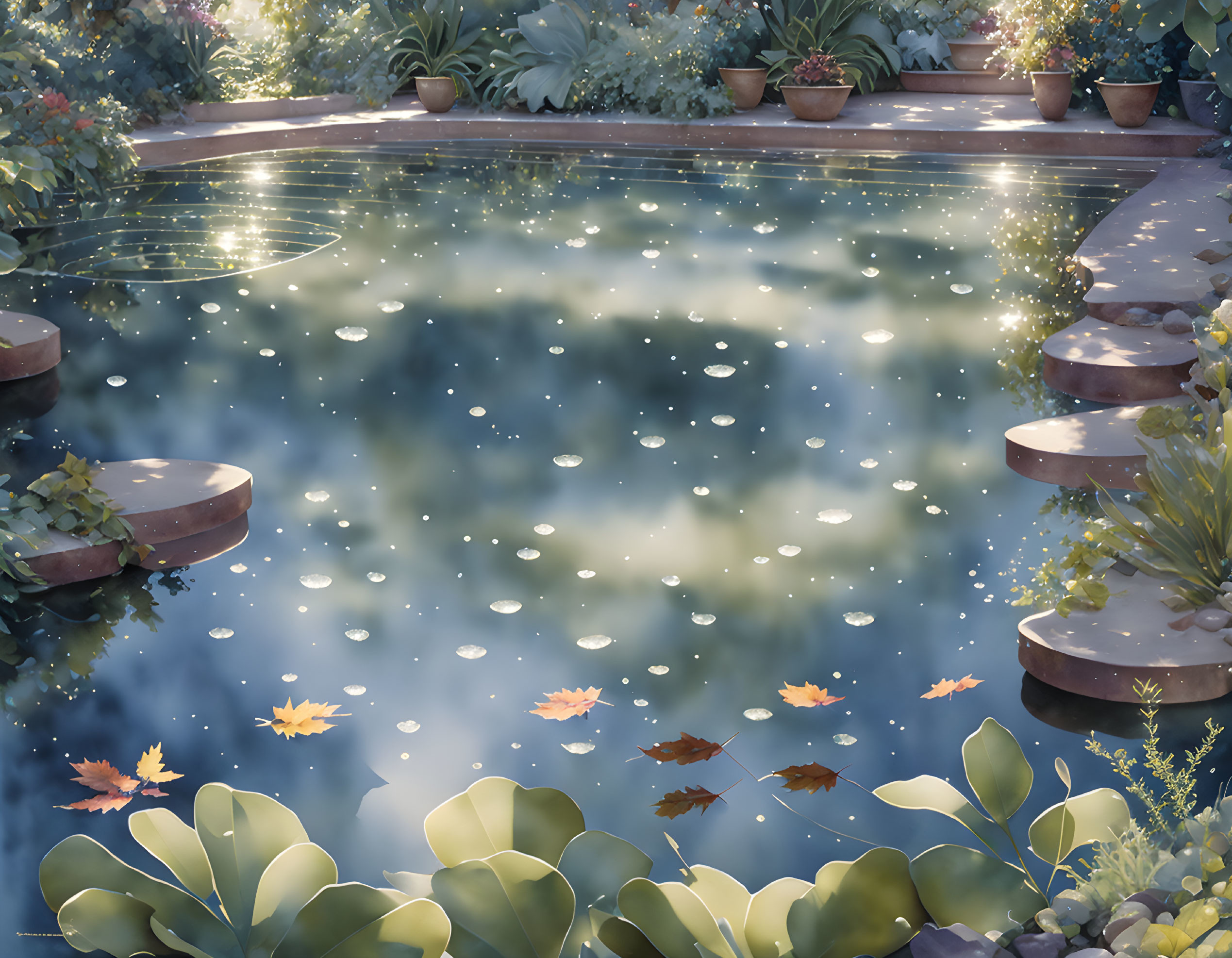 Tranquil garden pond with lily pads, falling leaves, and lush surroundings