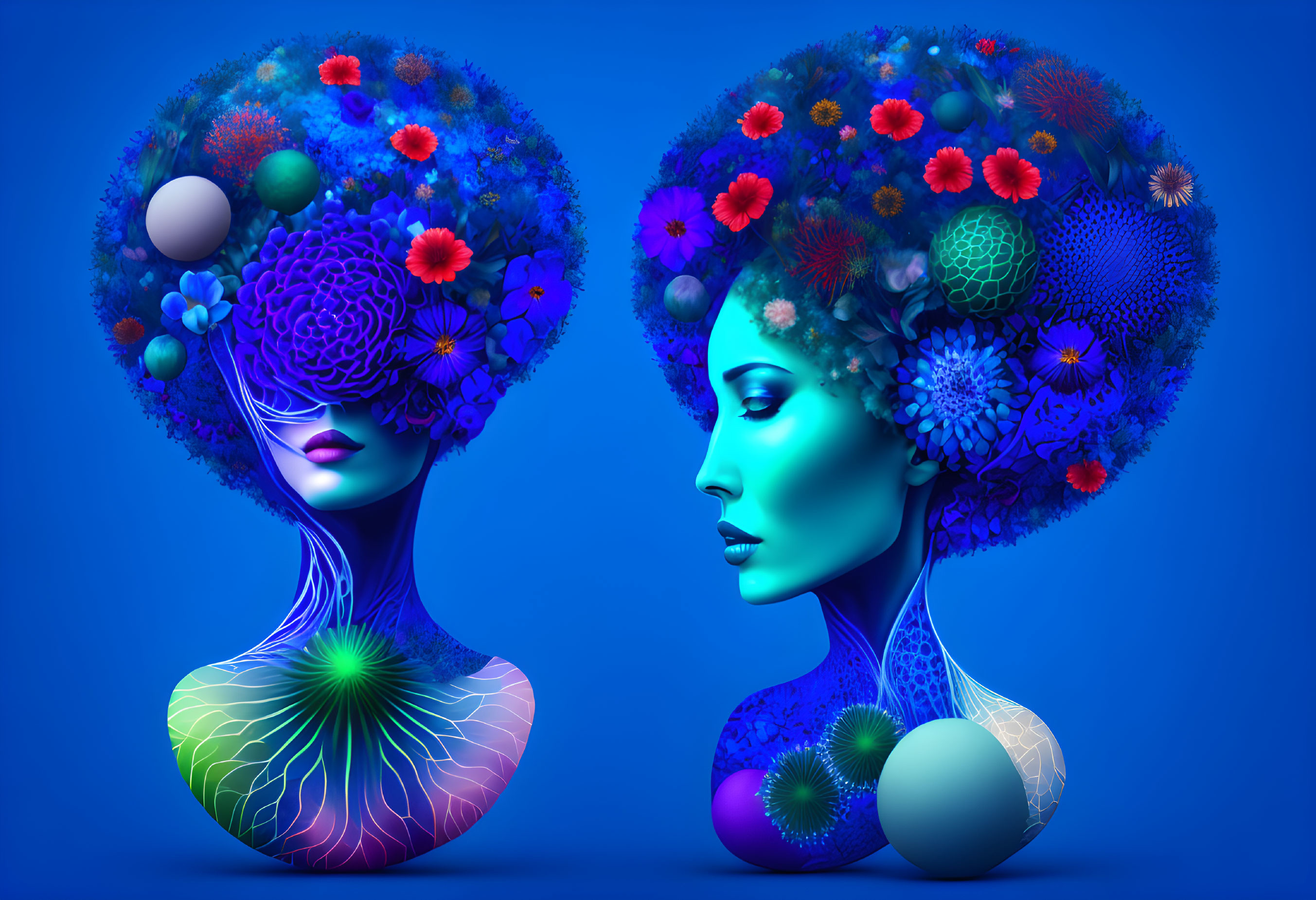 Vibrant digital art: Two blue female figures with floral headdresses