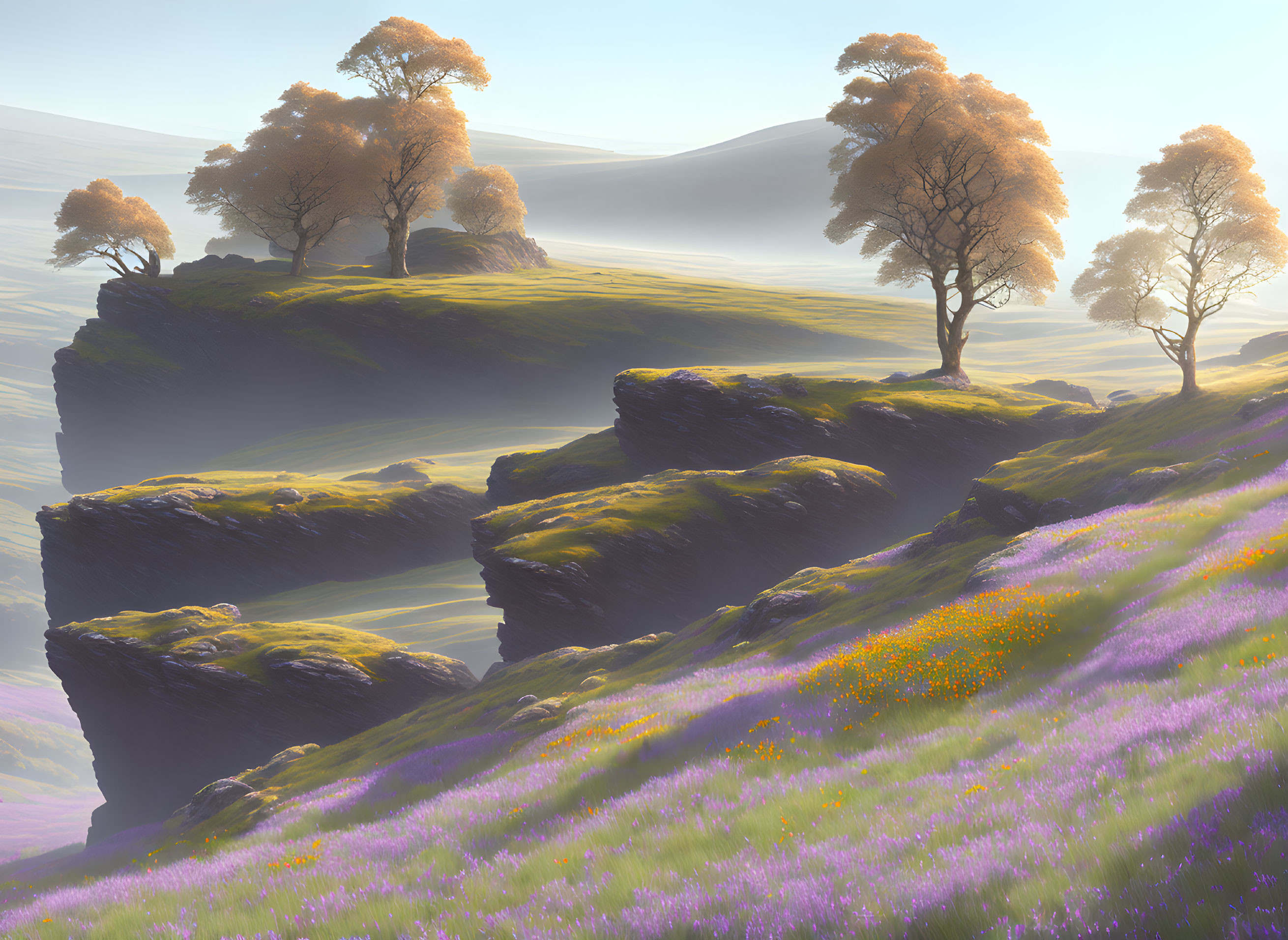 Sunlit trees on grassy cliffs with purple wildflowers and misty valley