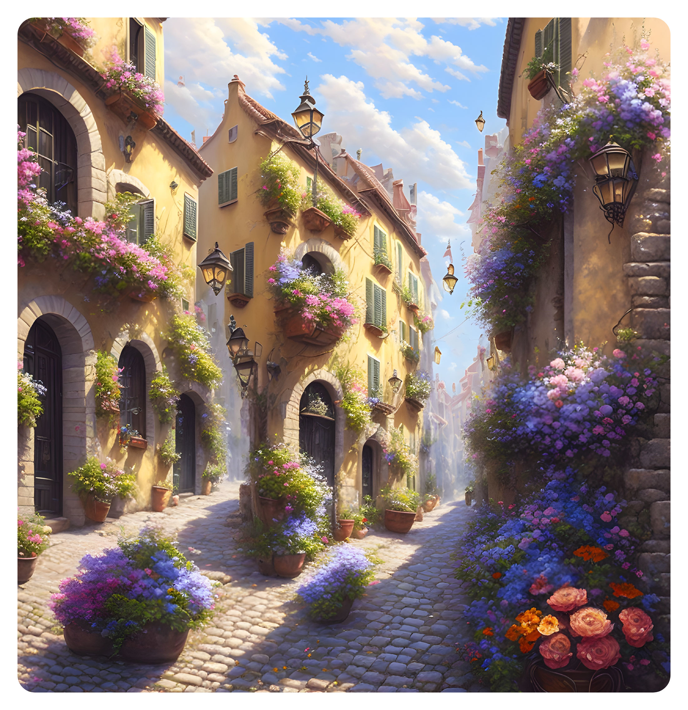 Sunlit cobbled street with charming buildings and colorful flowers