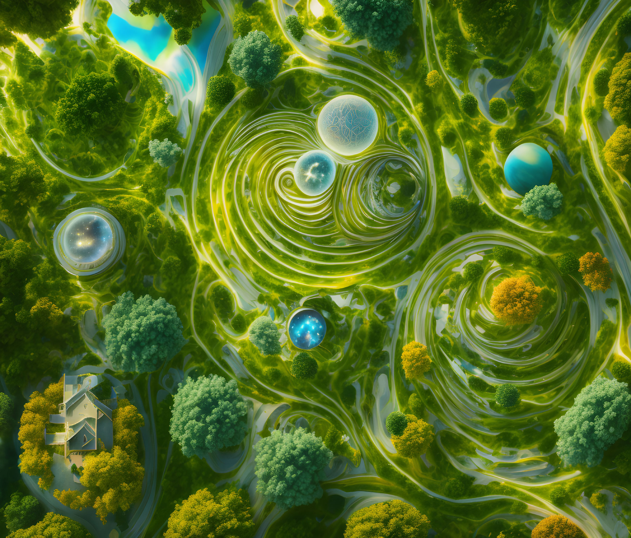 Vibrant greenery, circular patterns, spheres, water bodies, and lone house in surreal aerial